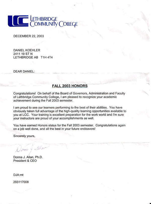 Fall 2003 Honours Letter - CNT